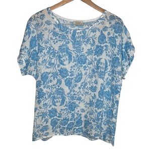 Bellaumbra Blue White Floral Linen Short Sleeve Blouse Women Size M